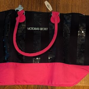 Victoria's Secret Black Sequin Tote with Hot Pink Trim